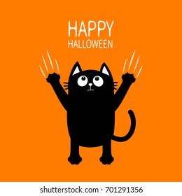 Happy Halloween. Black cat claw scratch glass. Kitten standing. Cute cartoon funny baby character. Greeting card. Scary surprised face emotion. Orange background. Isolated. Flat design. Vector