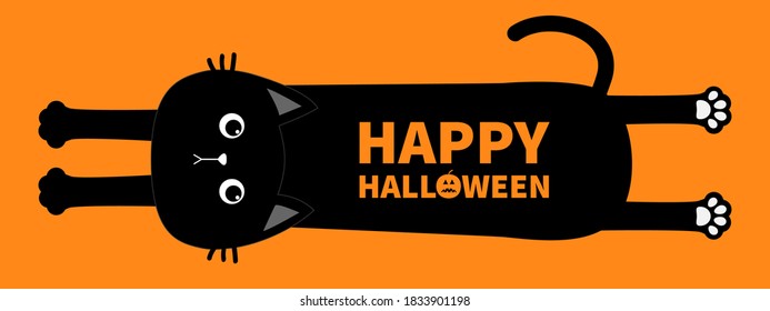 Happy Halloween. Black cat. Cute cartoon baby character. Long body with paw print, tail. Funny face head silhouette. Meow.Kawaii animal. Pet collection. Flat design style. Orange background. Vector