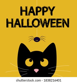 Happy Halloween. Black cat face head silhouette looking up to hanging on dash line web spider insect. Cute cartoon character. Baby pet animal collection. Flat design Orange background. Vector