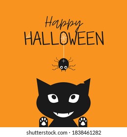 Happy Halloween. Black cat face head silhouette looking up to hanging on dash line web spider insect. Cute cartoon character. Baby pet animal collection. Flat design Orange background. Vector