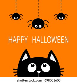 Happy Halloween  Black cat face head silhouette looking up to three hanging dash line web spider insect  Cute cartoon character  Baby pet animal collection  Flat design Orange background  Vector
