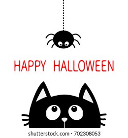 Happy Halloween. Black cat face head silhouette looking up to hanging on dash line web spider insect. Cute cartoon character. Baby pet animal collection. Flat design White background. Vector
