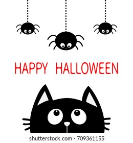 Happy Halloween. Black cat face head silhouette looking up to three hanging on dash line web spider insect. Cute cartoon character. Baby pet animal collection. Flat design White background. Vector