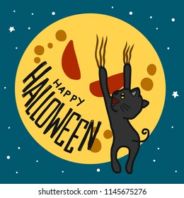 Happy Halloween black cat and full moon cartoon vector illustration 