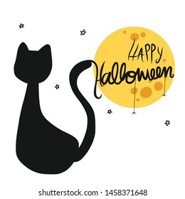 Happy Halloween Black Cat Full Moon Stock Vector (Royalty Free ...