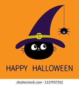 Happy Halloween. Black cat head face silhouette looking to hanging on dash line web spider insect. Witch hat. Cute cartoon character Baby pet animal collection Flat design Orange background Vector