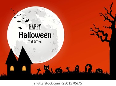 Happy Halloween  - black cat, headstone, pumpkins, bats, spooky castle, dead tree, full moon with orange background