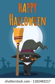 Happy Halloween. Black cat holding a broom and wearing halloween witch hat costumed on graveyard background. Cute cartoon character. Vector illustration.