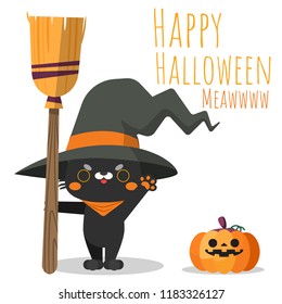 Happy Halloween. Black cat holding a broom and wearing halloween witch hat costumed. Cute cartoon character. Vector illustration.