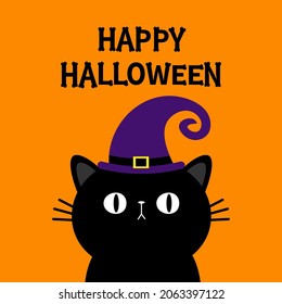 Happy Halloween. Black cat kitten head face. Witch hat. Bones text font. Bone letter type. Cute cartoon kawaii character. Pet baby collection. Greeting card. Flat design. Orange background. Vector