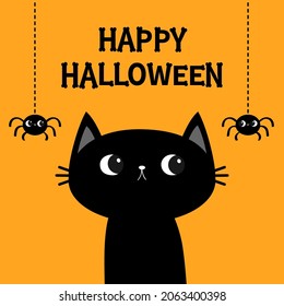 Happy Halloween. Black cat kitten. Two hanging spider. Bones text font. Bone letter type. Cute cartoon kawaii character. Pet baby collection. Greeting card. Flat design. Orange background. Vector