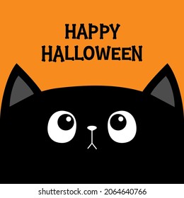 Feliz Halloween. Cara de gatito negro mirando hacia arriba. Tipo de letra del texto de los huesos. Tipo de letra ósea. Personaje de dibujos animados. Colección de bebés para mascotas. Tarjeta de felicitación. Diseño plano. Fondo naranja. Aislado. Vector