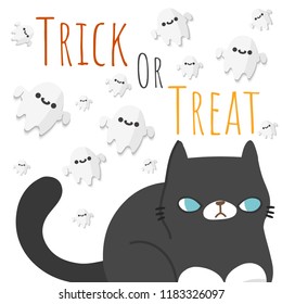 Happy Halloween. Black cat looking up to flying ghosts spirit around with l ettering "Trick or Treat". Cute cartoon character. Vector illustration.