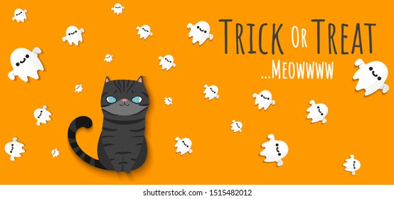 Happy Halloween. Black cat looking up to flying ghosts spirit around with lettering "Trick or Treat meowwww". Cute cartoon character. Vector illustration.