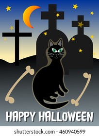 Happy Halloween black cat on cemetery. 