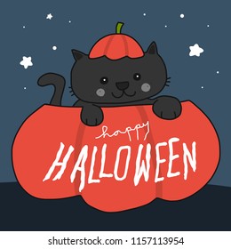 Happy Halloween black cat in pumpkin cartoon vector doodle illustration 