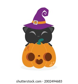 Happy Halloween black cat and pumpkin patch, Jack O Lantern party. trick or Treating background flat style isolated on white background Vector Illustration.