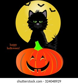"Happy Halloween" Black Cat and Pumpkin with Moon