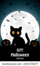 Happy Halloween  - black cat, pumpkins, full moon with night background