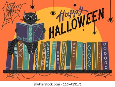 Happy Halloween. Black cat reading book on bookshelf on orange background with lettering. Vector illustration. Perfect greeting card, banner for libraries, bookstores and educational institutions .