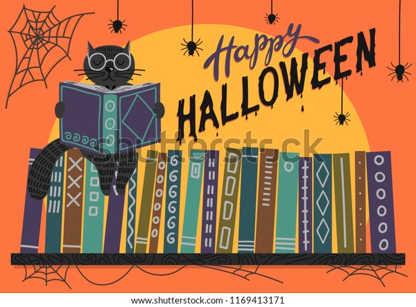 ハッピーハロウィン オレンジの背景に文字と黒い猫の読み書き ベクターイラスト 完璧なグリーティングカード 図書館 書店 教育機関向けのバナー のベクター画像素材 ロイヤリティフリー