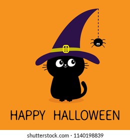 Happy Halloween. Black cat silhouette looking to hanging on dash line web spider insect. Witch hat cap. Baby pet animal collection Cute cartoon character Flat design Orange background Vector