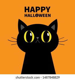 ハッピーハロウィン 黒い猫のシルエット 大きな黄色い目 口ひげ かわいい漫画のキャラクター ペットの赤ちゃんの動物のコレクション フラットデザイン オレンジの背景 ベクターイラスト のベクター画像素材 ロイヤリティフリー