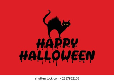 Happy Halloween, black cat silhouette, Holiday lettering for banner, Vector illustration.