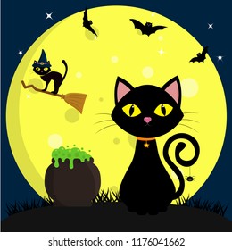 Happy Halloween. A black cat sits next to a pot of potions. Another cat in the hat of a witch flies on a broomstick, against a full moon at night. Flying vampires and stars.Vector, flat style, cartoon