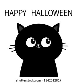 Happy Halloween. Black cat sitting silhouette. Cute cartoon character. Pet baby collection Greeting card. Flat design. White background. Vector