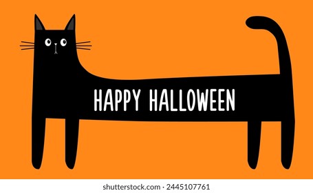 Happy Halloween. Black cat standing. Long body with tail. Funny sad face head silhouette. Square kitten. Meow. Cute cartoon kawaii baby character. Pet animal. Flat design. Orange background. Vector