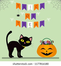 Happy Halloween. A black cat stands next to a pumpkin with sweets. Decoration of their flags, spider and cobwebs. Autumn holiday. Vector, flat style, cartoon.