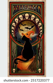 Feliz Halloween preto gato vip cartão em estilo art nouveau, ilustração vetorial