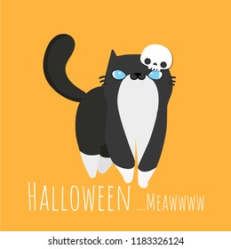 Happy Halloween. Black cat wearing halloween skull mask costumed. Cute cartoon character. Vector illustration.