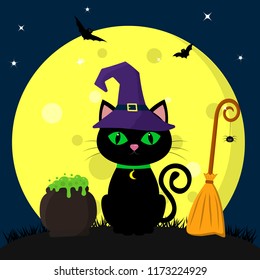 Happy Halloween. A black cat of Halloween in a witch hat sits against a full moon at night. Next pot of potions, broom, spider, volatile vampires and stars. Vector, flat style, cartoon.