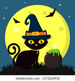 Happy Halloween. A black cat of Halloween in a witch hat sits against a full moon at night. Next pot with potion, candy, leaves, volatile vampires and stars. Vector, flat style, cartoon.