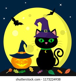 Happy Halloween Black Cat Witch Hat Stock Vector (royalty Free 