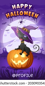 Happy Halloween. Black cat in witch hat sits on halloween pumpkin and shows its tongue. Halloween stories template. Night background with glowing moon and bats. Vector illustration