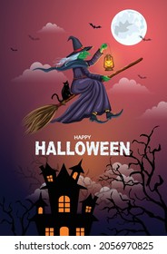 Happy Halloween. black cat and a witch flying in the sky on a broom. vector illustration design