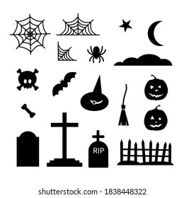 Happy Halloween black elements set. Brooms, spider web, skull bones graves, fence, pumpkin, moon, cloud, bat, spider, witch hat. Stock vector illustration on white background