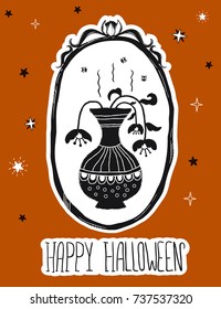 Happy Halloween. Black flowers silhouette. Cute cartoon character. Flat design Orange background. Vector