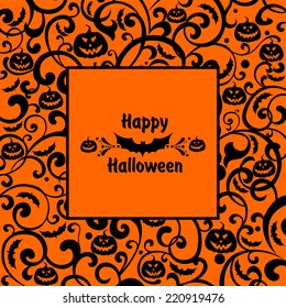 Happy Halloween! Black Frame isolated on orange background. Celebration background with pumpkin and place for your text. Vector illustration 