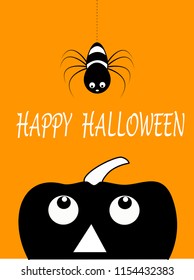 Happy Halloween. Black jack o'lantern face head silhouette looking up to hanging on dash line web spider insect. Cute cartoon character. Baby pet animal collection. Flat design Orange background.