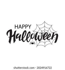 Happy Halloween, black letters with a spider and a web on the white background.  Vector illustration. Hand digital lettering for a banner, a poster, greeting card, an invitation to a party. Halloween