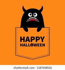 Happy Halloween. Black monster silhouette in the pocket. Holding hands. Cute cartoon scary funny character. Baby collection. T-shirt design. Eyes, horns, fangs. Orange background. Flat design. Vector