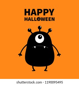 Happy Halloween. Black monster silhouette. Cute cartoon scary funny character. Baby collection. One big eye, fang tooth, hands. White background. Isolated. Flat design. Vector illustration