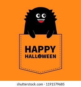 Happy Halloween. Black monster silhouette in the pocket. Holding hands. Cute cartoon scary funny character. Baby collection. T-shirt design. Eyes, fangs. Orange background. Flat design. Vector