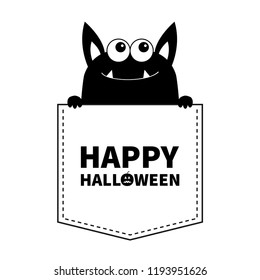 Happy Halloween. Black monster silhouette in the pocket. Holding paw hands. Cute cartoon scary funny spooky character. T-shirt design. Baby collection. White background Flat design Vector illustration