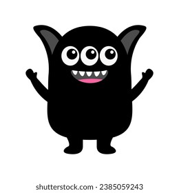 Happy Halloween. Black monster black silhouette head face icon. Cute cartoon kawaii funny scary smiling baby character. Eyes, tongue, tooth fang, ears, hands up. Flat design. White background. Vector