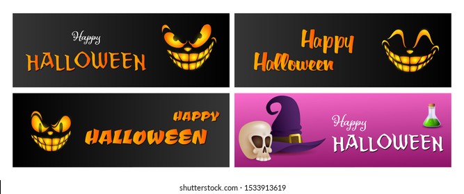 Happy Halloween black, pink banner set with evil grin, skull. Halloween, October, trick or treat. Lettering can be used for greeting cards, invitations, announcements